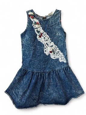 Vintage 80’s Denim-Effect Girls Dress with Lace Appliqué and Rose Accents